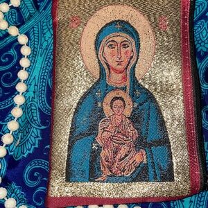 Religious Icon Tapestry like with Blue and Gold Accents